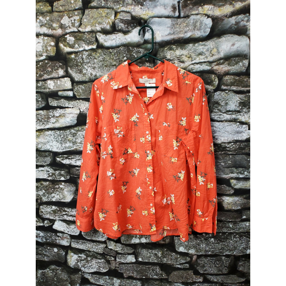 LOFT Red Floral Button Down Blouse S. Large | Spring Lightweight Collared Top#29 - Picture 2 of 6